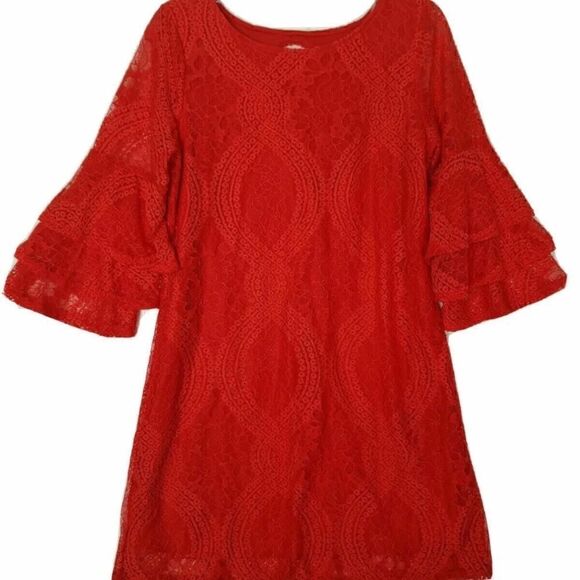 Francesca's Miami Red Mini Cocktail Formal Long Sleeve Lace Shift Dress size xs - Picture 1 of 9